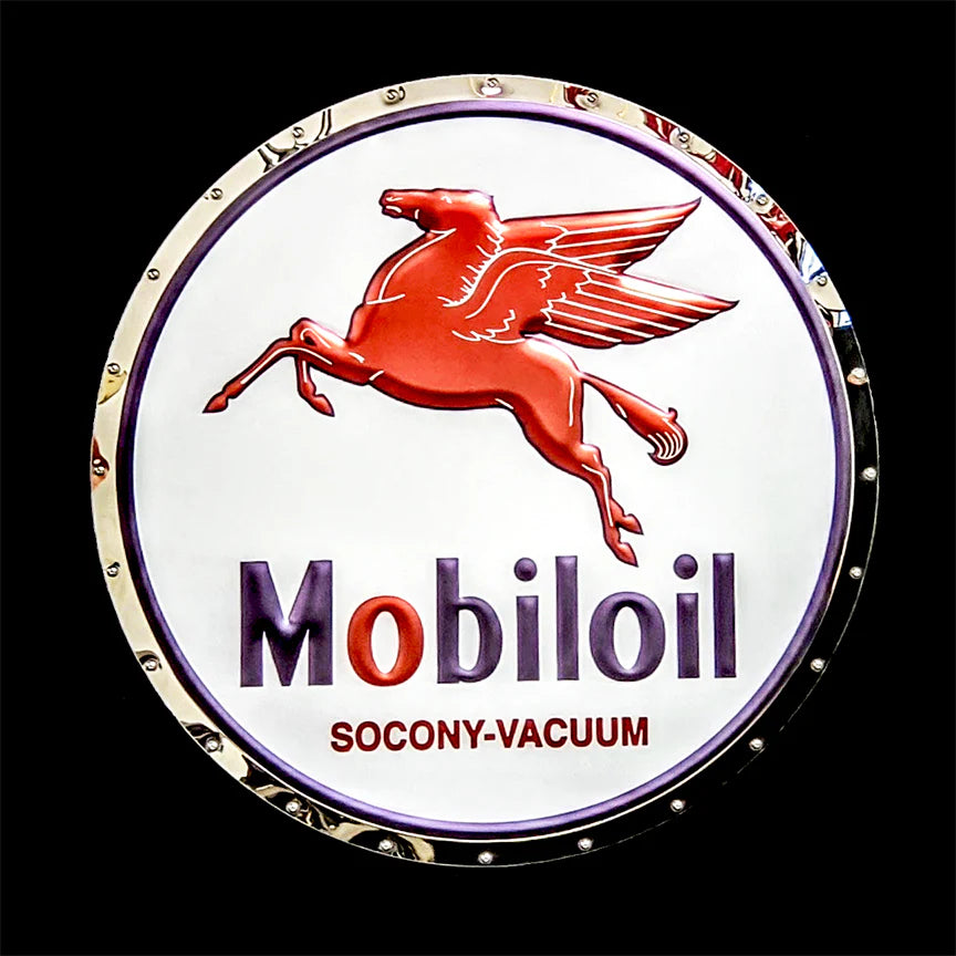RGB LED Backlit Mobil Pegasus Round stainless-steel garage sign