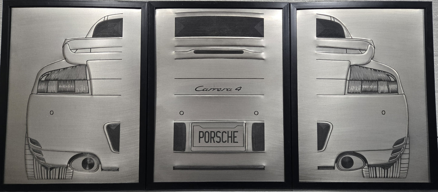 Sigfusson' Hand Bead Rolled Aluminum PORSCHE Triptych wall plaque