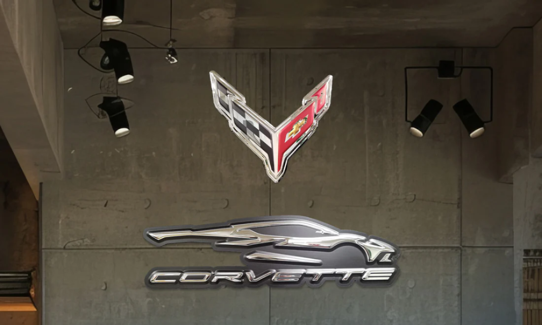 Corvette C8 Gesture logo 3D embossed mirrored stainless steel garage sign
