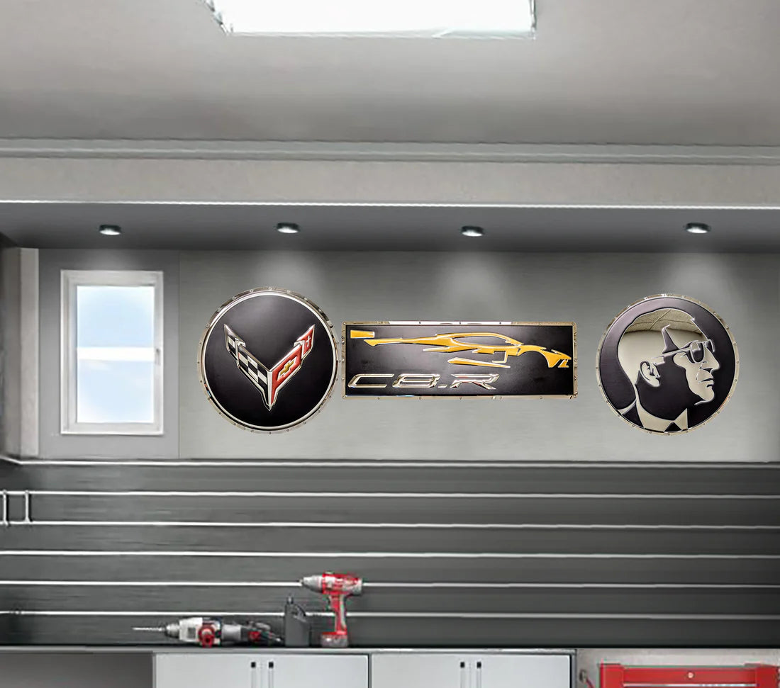 Corvette C8 Flags Circle Metal Sign