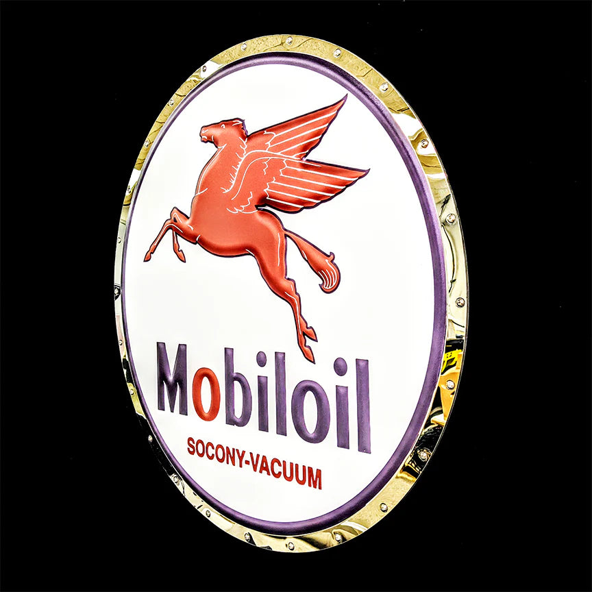 RGB LED Backlit Mobil Pegasus Round stainless-steel garage sign