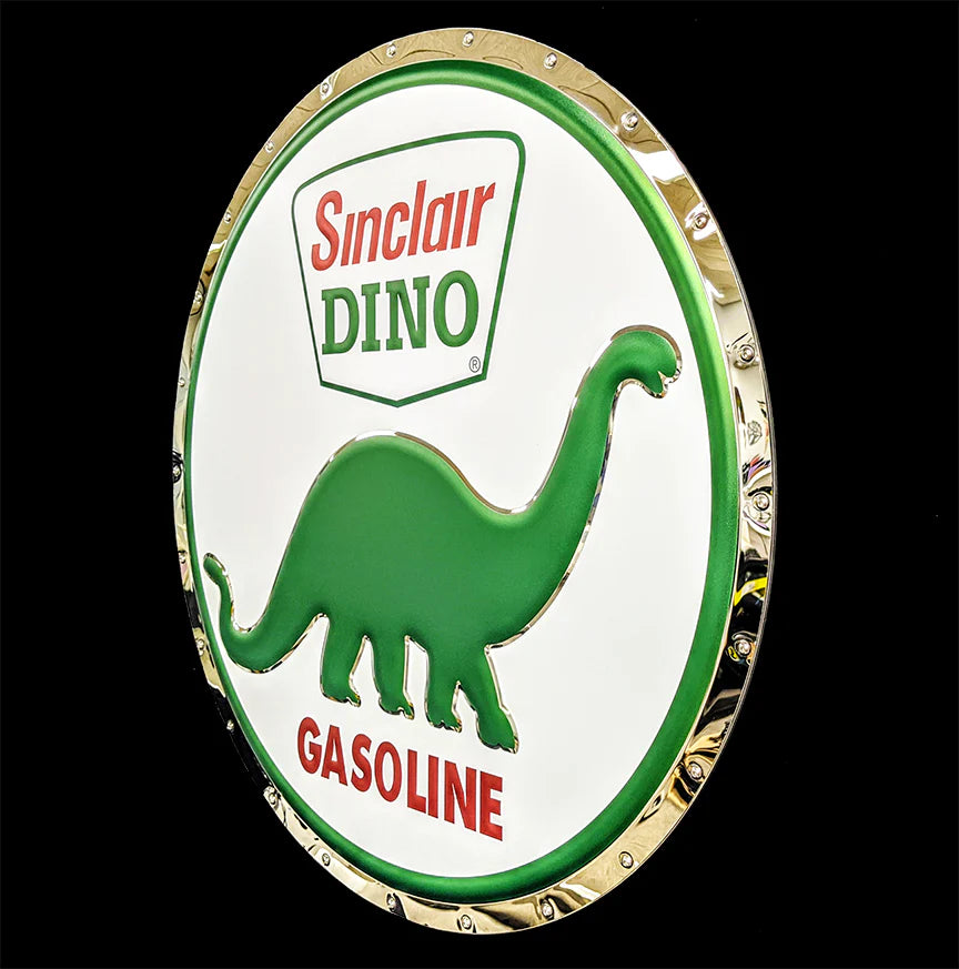Sinclair Oil Dino lit stainless steel RGB LED garage sign