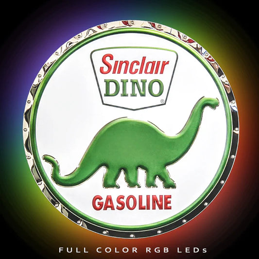 Sinclair Oil Dino lit stainless steel RGB LED garage sign