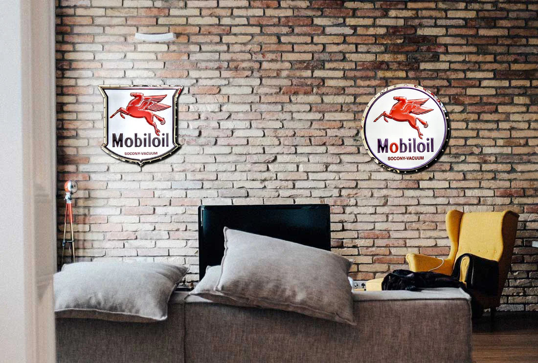 RGB LED Backlit Mobil Pegasus Round stainless-steel garage sign