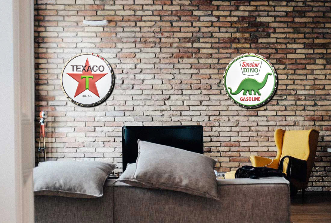 Sinclair Oil Dino lit stainless steel RGB LED garage sign